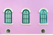 Three green arched windows on pink wall