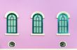 Three green arched windows on pink wall