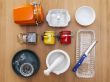 Multi-colored ceramic kitchen ware, top view