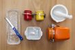 Multi-colored ceramic kitchen ware, top view