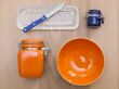 Multi-colored ceramic kitchen ware, top view