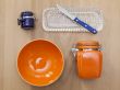 Multi-colored ceramic kitchen ware, top view