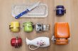Multi-colored ceramic kitchen ware, top view