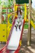 Active girl on nursery platform in summer
