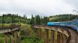 Train going across the bridge in the Carpathians